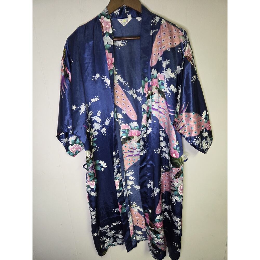 Jin Hon Dark Blue Short Sleeve Kimono With Peacock Design Belted Size XL